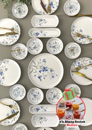 Hediyeli Ürün Yiğit Seramik Züccaciye Çiğdem Blue Model 8 Kişilik 25 Parça Kahvaltı Takımı Kahvaltı Seti&Kitchen Life 6 lı Ahşap Saplı Mıka Reçellik Sosluk Sofra Sunum Kahvaltı Seti - 80 ml - Yiğit Seramik Züccaciye