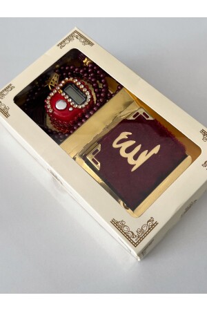 Hediyelik Çeyizlik Kutulu Mini Kur'an-ı Kerim Tesbih Ve Taşlı Zikirmatik Setimiz Bordo - Ayhanhome