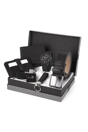 Herren-Armbanduhr, Metallschnur, Gürtel, Geldbörse, Kartenhalter, Schlüsselanhänger, Feuerzeug-Set, Kombination, Schwarz, Set PL-0676E - polo air