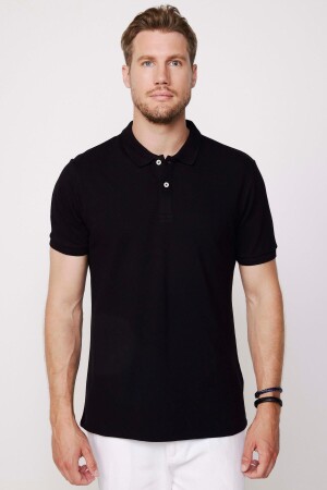 Herren-T-Shirt mit schmaler Passform und schmalem Schnitt aus 100 % Baumwoll-Piqué in Schwarz mit Polokragen - Tudors