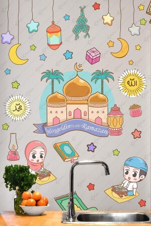 Hoşgeldin Ramazan Cami Ve Renkli Ramazan Ayı Figürleri Cam Duvar Sticker Seti Ramazan Süsleri 60 x 65 - 1