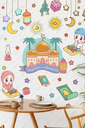 Hoşgeldin Ramazan Cami Ve Renkli Ramazan Ayı Figürleri Cam Duvar Sticker Seti Ramazan Süsleri 60 x 65 - 2