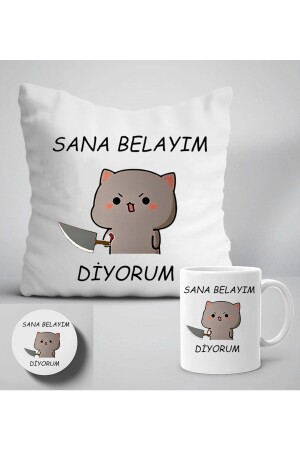 „I Call You Trouble“-Set mit bedrucktem Kissen, Tasse und Untersetzer mit Aufschrift „I Call You Trouble“ R88 - GünayStore