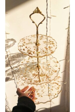 Iki Katlı Altın Yaldızlı Gerçek Çiçekli Sunumluk Kurabiyelik Meyvelik 605 - Sultan Tasarım