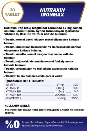 Iron Max 17 Mg 30 Tablet - Demir, C Vitamini, B6 Vitamini, Folik Asit, B12 8680512631835 - 2