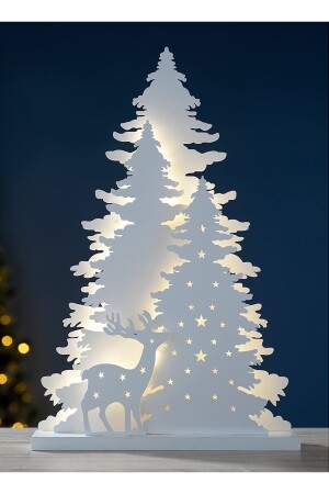 Işıklı Beyaz Yılbaşı Ağacı Geyikli Pleksi Masa Dekorasyonu Noel Süsü 20 Cm 751 - 1