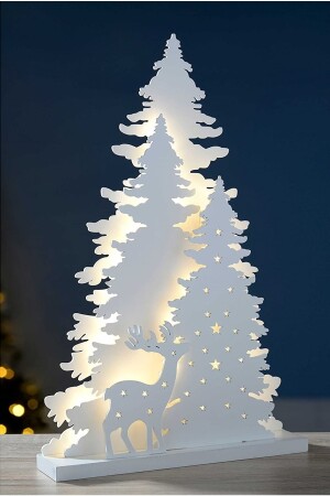 Işıklı Beyaz Yılbaşı Ağacı Geyikli Pleksi Masa Dekorasyonu Noel Süsü 20 Cm 751 - 2