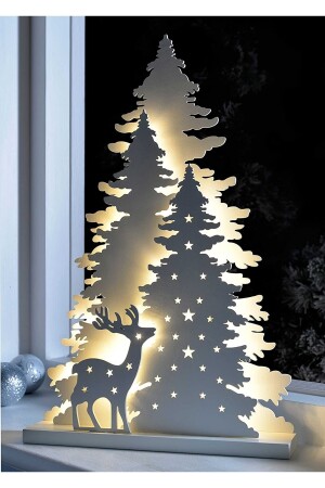 Işıklı Beyaz Yılbaşı Ağacı Geyikli Pleksi Masa Dekorasyonu Noel Süsü 20 Cm 751 - 4