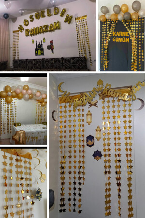 Işıltılı Yıldızlı Ramazan Bayramı Gold Arka Fon Kendinden Yapışkanlı Altın Sarısı Yıldız Duvar Perde - 3
