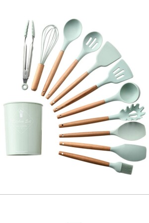 Isıya Dayanıklı Yanmaz Yapışmaz 11 Parça Silikon Uçlu Ahşap Saplı Mutfak Seti Ve Saklama Kutusu 35904 - Kamardey
