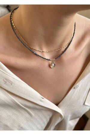 İstiridye gri kum boncuk 2'li kolye - Takıtarzım