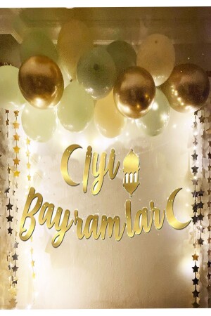 Iyi Bayramlar Gold Altın Kaligrafi Yazı Işıklı Balon Set Ramazan Bayramı Oda Mekan Süsleme Banner - 2