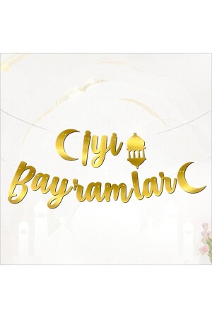 Iyi Bayramlar Yazılı Kaligrafi Banner Gold Renkli 20x210cm Ramazan Kurban Bayramı Altın Renginde Süs Tüm Yaşlar - 1