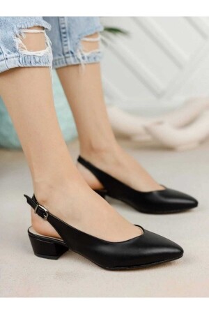 Kadın Ayakkabı Siyah Cilt Kısa Topuklu Arkası Açık Abiye Ayakkabı Günlük Klasik Ayakkabı 4cm SD1 - 1
