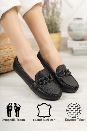 Kadın Babet Hafif Rahat Taban Ortopedik Deri Cilt Anne Ayakkabısı Siyah BERLİN - StWenn