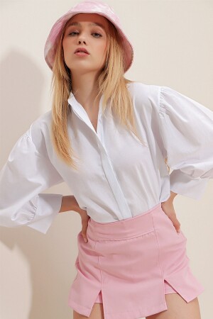 Kadın Beyaz Balon Kol Gizli Patlı Basic Poplin Gömlek ALC-X9654 - Trend Alaçatı Stili