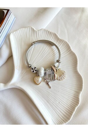 Kadın charmlı çelik pandora modeli bileklik denizkabuğu charmlı gümü - Saren Aksesuar