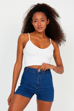 Kadın Ekru Scuba Kumaş Ön Arka V Yaka Ip Askılı Crop Top - The Base