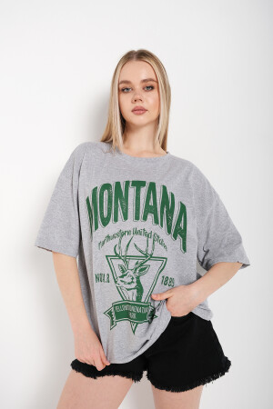 Kadın Gri Montana Baskılı Oversize T-shirt KGMBOT-980 - 2