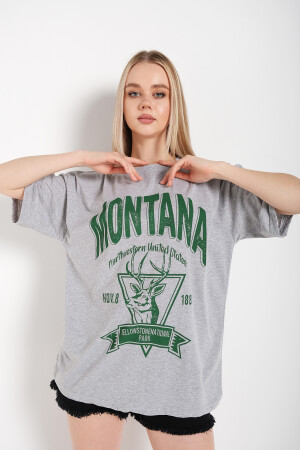 Kadın Gri Montana Baskılı Oversize T-shirt KGMBOT-980 - 3