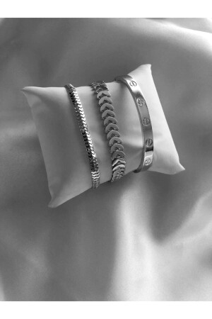 Kadın Gümüş Kaplama Kelepçe Balıksırtı Ve Tırtıl Model Kombin Bileklik Seti - Bers Aksesuar