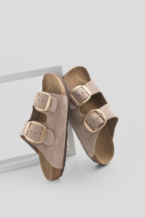 Kadın Hakiki Deri Günlük Terlik Çift Bantlı Terlik Eva Taban Poli bej - Marjin