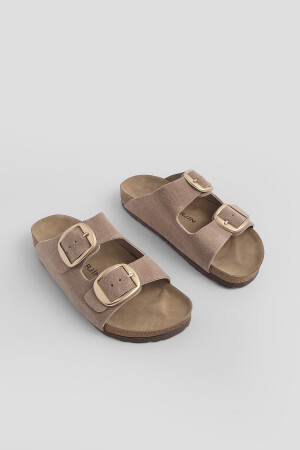 Kadın Hakiki Deri Günlük Terlik Çift Bantlı Terlik Eva Taban Poli Camel - Marjin