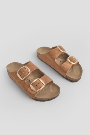 Kadın Hakiki Deri Günlük Terlik Çift Bantlı Terlik Eva Taban Poli taba 321102701 - Marjin