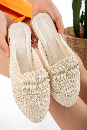 Kadın Hasır Terlik Önü Kapalı Örgü Dantel Taş Detaylı Şık Yazlık Ev Plaj Tatil Terliği - Slipcat