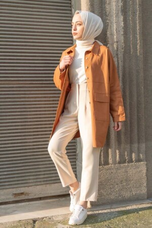 Kadın Kahverengi Çift Cepli Gabardin Gömlek - Caramel Butik