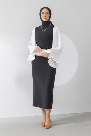 Kadın Kendinden Kemerli Salaş Kol Siyah Elbise meri0003 - 3