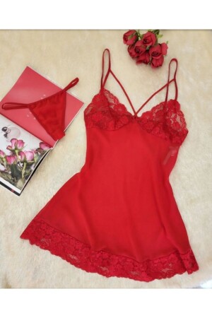 Kadın kırmızı askılı dantelli gecelik - Nida Iç Giyim