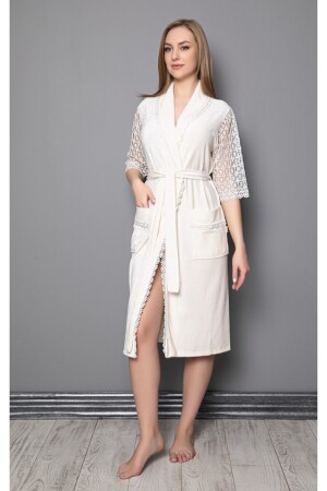 Kadın Krem Şal Yaka Kollar Dantel Brode Bambu Pamuk Niki Kadife Sabahlık - Nuşa