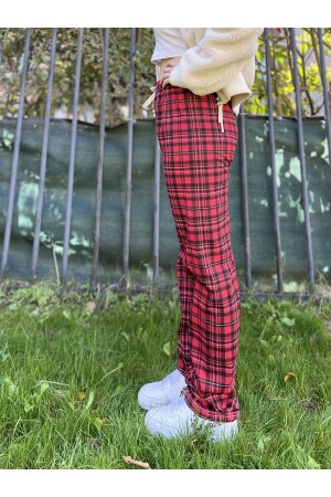 Kadın Pamuklu Ekose Desenli Pijama Altı Eşofman Kurdeleli Kırmızı Siyah Kareli Kadın.RotasyonBaskı.Cepsiz.Alt - 5