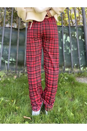 Kadın Pamuklu Ekose Desenli Pijama Altı Eşofman Kurdeleli Kırmızı Siyah Kareli Kadın.RotasyonBaskı.Cepsiz.Alt - 6