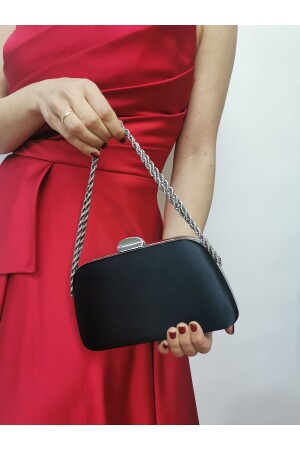 Kadın Saten Siyah Abiye Clutch Portföy Zincir Askılı El Düğün Nişan Gece Omuz Çantası - Nazart