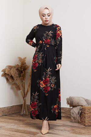 Kadın Siyah Çiçek Desenli Tesettür Elbise YLCN1000 - 1