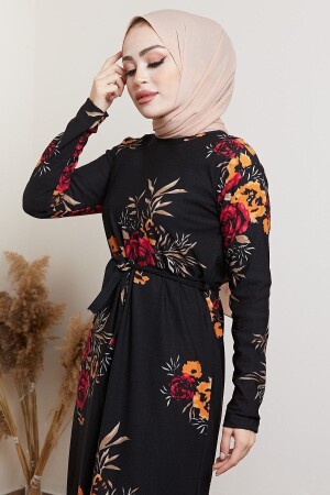 Kadın Siyah Çiçek Desenli Tesettür Elbise YLCN1000 - 2