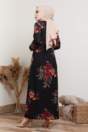 Kadın Siyah Çiçek Desenli Tesettür Elbise YLCN1000 - 3
