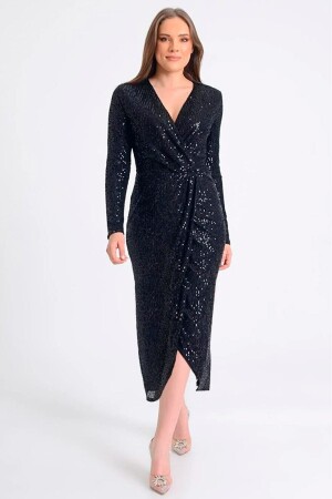 Kadın Siyah Kruvaze Yaka Pul Payet Tasarım Büyük Beden Abiye Elbise - Zks Grup Tekstil