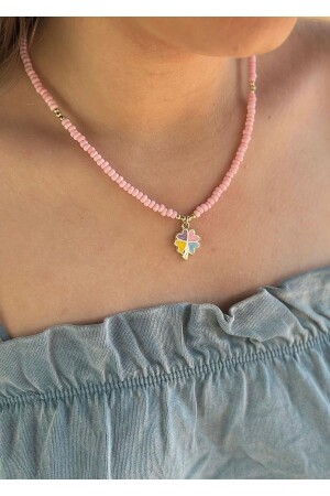 Kadın yonca toz pembe mineli kum kolye - Takıtarzım