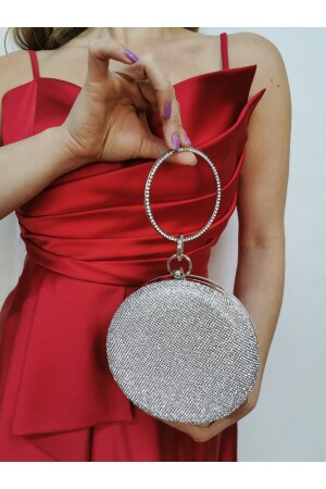 Kadın Yuvarlak Gümüş Taşlı Bilezik Aksesuarlı Abiye Clutch Portföy Çantası - Nazart