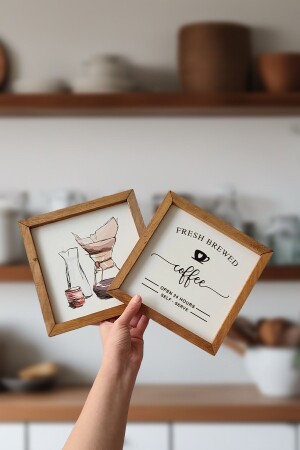 Kahve Köşesi Fresh Brewed Ahşap Çerçeve Set-ceviz - Tooall