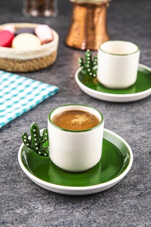Kaktüs 2 Adet El Yapımı 110 Ml Türk Kahvesi Fincanı Yeşil Tabak, Espresso, Hediyelik Fincan TSK-003-K - 1