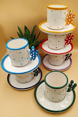 Kaktüs 6 Kişilik 90 ml Türk Kahvesi Seramik Fincan Takımı -el Yapımı -kütahyada Üretilmiştir 6 MRM KHV TK - Otogar Çini