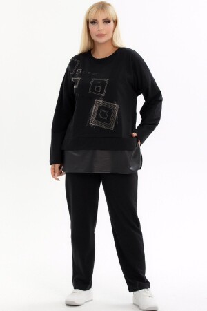 Kare Taş Baskılı Eteği Derili Yuvarlak Yaka Uzun Kol Beli Lastikli Cepli Rahat Eşofman Takım - Kheos