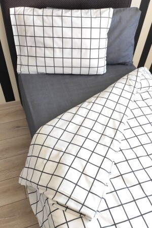 Kariertes, weißes, 4-teiliges Bettbezug-Set „Young“ mit elastischen Laken für eine Einzelperson (100 x 200 cm) - Candan Çeyiz