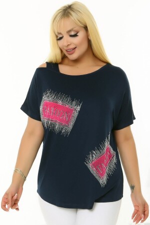 Kayık Yuvarlak Yaka Omzu Pencereli Taş Baskılı Kısa Yarasa Kol Esnek Rahat Kesim Likralı Bluz - Kheos