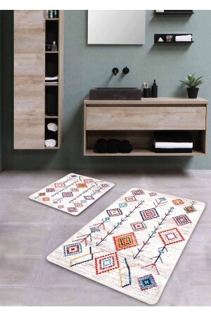 Kaymaz Taban Yıkanabilir 2’li Banyo Paspası - Ethnical Desenli 60*100 Cm - 50*60 Cm BM0191 - Pilloveland