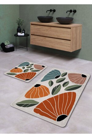 Kaymaz Taban Yıkanabilir 2’li Banyo Paspası - Garden Desenli 60*100 Cm - 50*60 Cm BM0185 - Pilloveland